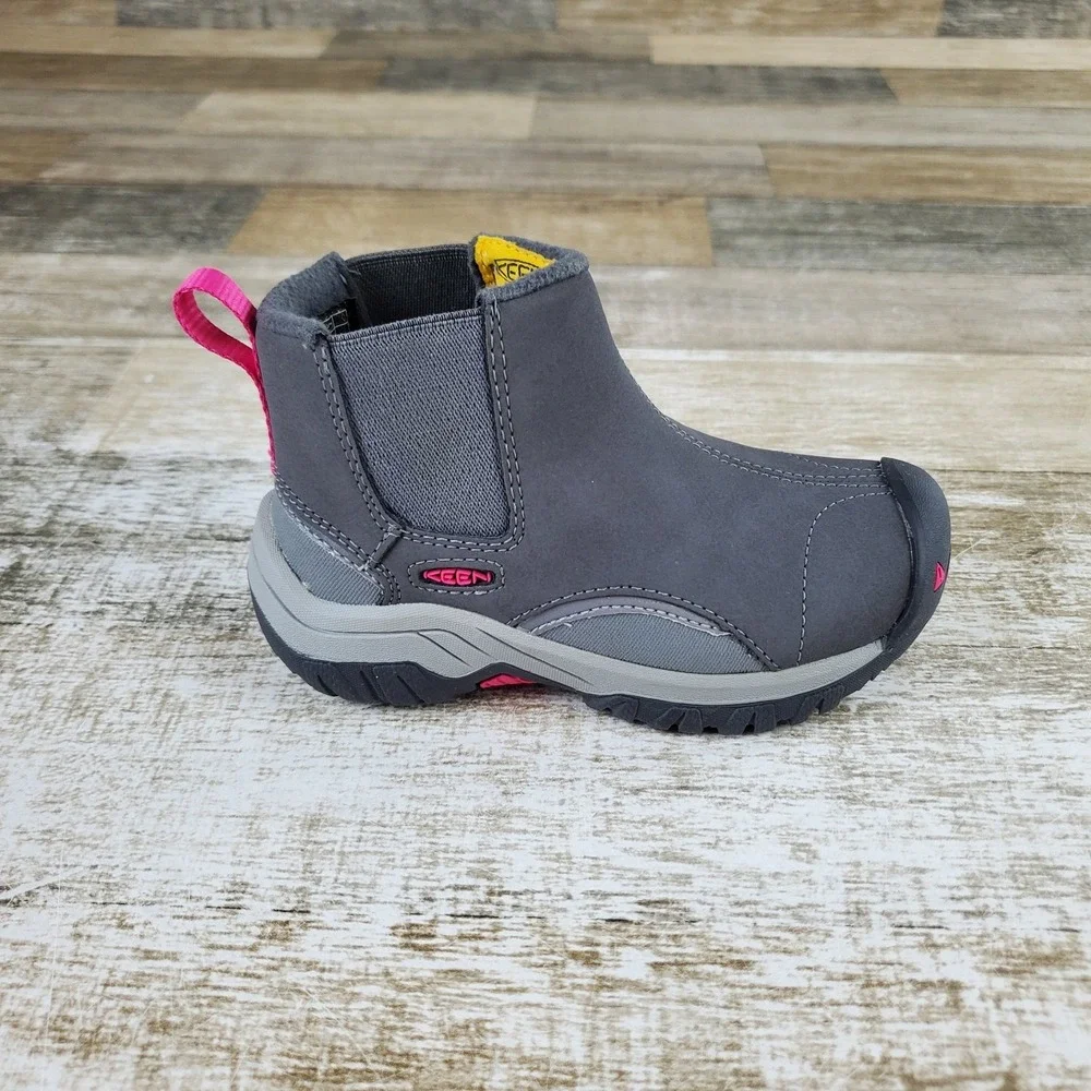 Keen Kootenay III Kids Chelsea Boots Sz 8 Gray Leather Slip On Mid Top Round Toe